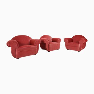 Art Deco French Red Velvet Upholstered Armchairs, 1930s, Set of 3