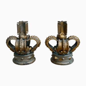 Antique Cast Iron Crown Finials, 1920s, Set of 2