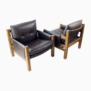 Brown Leather and Walnut Lounge Chairs from Ton, Former Czechoslovakia, 1990s, Set of 2