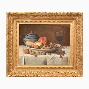 Jean-Louis Georges, Natura morta con frutta e formaggio, 1882, Olio su tela, con cornice