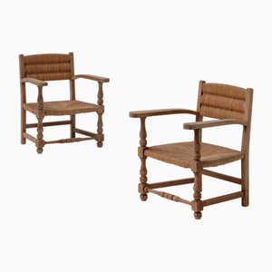 French Rustic Oak and Rush Armchairs, 1950s, Set of 2