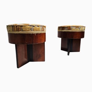 Set of Art Deco Walnut and Floral-Printed Fabric Stools, Italy, 1930s