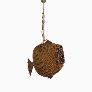 Plafonnier Poisson en Osier Fait Main, France, 1960s
