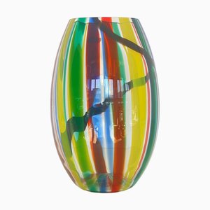Crystal Vase with Colored Bands Blown in Murano Glass, 1990s