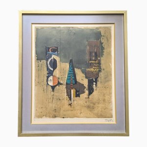 Johnny Friedlander, composición abstracta, grabado firmado a mano, años 70-80, enmarcado
