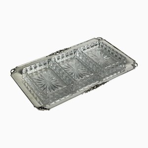 Plato de aperitivo 800 de plata y vidrio, Italia, años 80