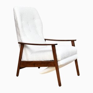 Armchair with Folding Footrest in Cream Bouclé, 1960s