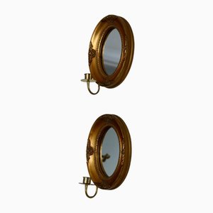 Mid-Century Swedish Gilded Wood Sconces with Mirrors, Set of 2