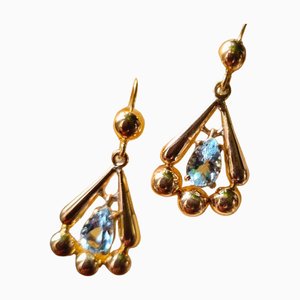 Boucles d'Oreilles pendantes Victoriennes en Aigue-marine et Or Jaune, Set de 2
