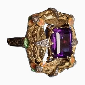 Modernist Art Nouveau Amethyst Ring with Enamel and Diamonds, 1900s