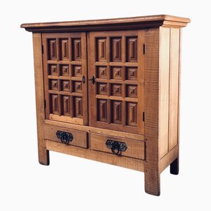 Brutalist Spanish Carved Oak High Cabinet, 1960s