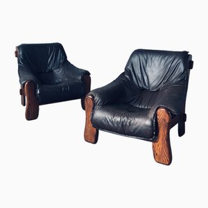 Set of Brutalist Leather & Oak Lounge Chairs, 1970s