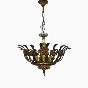 Lustre Demi Panier avec Cinq Lumières en Bronze et Céramique, Espagne, 1960s