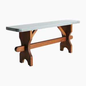 Art Deco Rustic Wooden Bench with Blue Top, France, 1930s