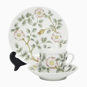Taza de café Jackie Lynd con platillo y plato de Rörstrand, años 70. Juego de 3