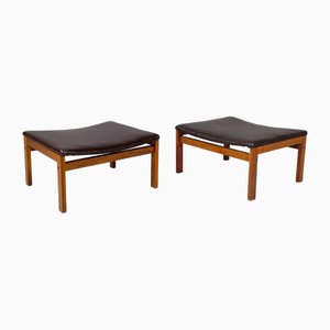 Set of Mid-Century Modern Italian Ottoman in Brown Leather and Wood, 1960s