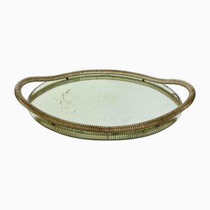 Italian Art Deco Oval Tray in Brass and Mirrored Glass, 1940s