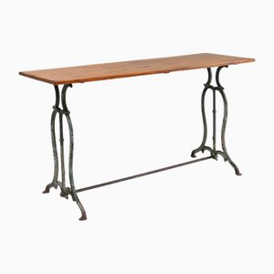 Mesa de bistró francesa con base de metal y superficie de roble, década de 1890