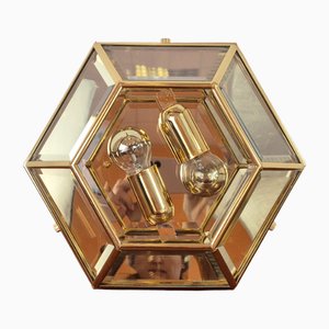 Mid-Century Modern Brass and Glass Hexagonal Ceiling Lamp, Italy, 1970s