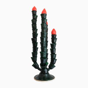 Cactus Sculpture in Green Pulegoso Glass with Coral Red Flowers attributed to Napoleone Martinuzzi for Venini, 1930