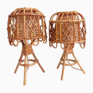 Mid-Century Modern French Riviera Bamboo and Rattan Table Lamps, 1960s, Set of 2