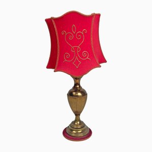 Mid-Century Modern Italian Table Lamp Red Fabric Shade with Decorations, 1950s