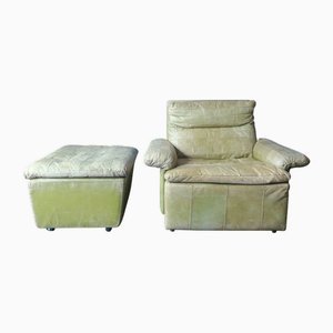 Olivgrünes Set aus Patchwork Ledersessel & Fußhocker von Laauser, 1970er