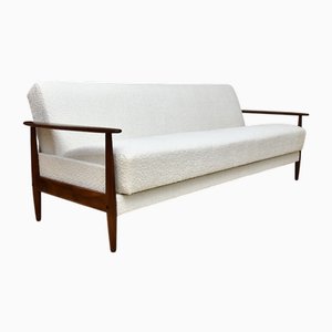 Sofá plegable escandinavo de teca de Bouclé blanco cremoso, años 60