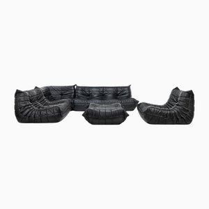 Set Togo in pelle nera di Michel Ducaroy per Ligne Roset, Francia, anni '90, set di 5
