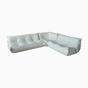 Sedia ad angolo Togo in pelle bianca di Michel Ducaroy per Ligne Roset, set di 3