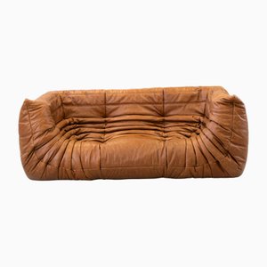 Vintage Two-Seater Togo Sofa with Arms in Brown Pine Leather attributed to Michel Ducaroy for Ligne Roset, 1970s