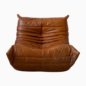 Pine Leather Togo Lounge Chair attributed to Michel Ducaroy for Ligne Roset