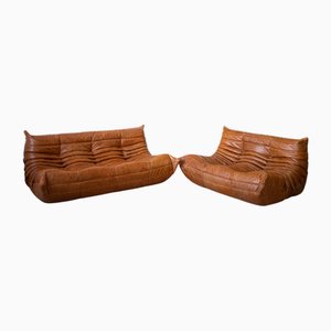 Set of Pine Leather Togo 2- And 3-Seater Sofas attributed to Michel Ducaroy for Ligne Roset, Set of 2