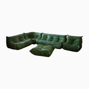 Set da salotto Togo in pelle verde di Michel Ducaroy per Ligne Roset, 1979, set di 5