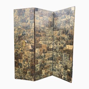 Victorian Three Panel Two Sided Room Divider Decorated with Sepia Decoupage Scenes of the Day