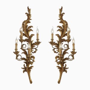 Large Florentine Louis XV Wall Lights in Carved and Gilded, Set of 2