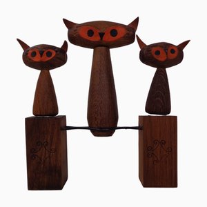 Sacacorchos con forma de gato de roble y corcho, años 60