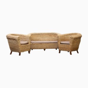 Woven Banana Garden Sofa and Armchairs, 1980s, Set of 3