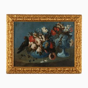 Still Life with Flowers and Parrot, Oil Painting, Framed