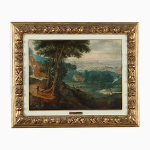 Landscape with Buildings and Figures, Oil Painting, Framed