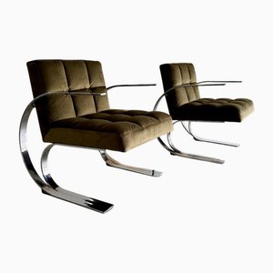 Set of Mid-Century Modern Italian Chrome Lounge Chairs in Olive Velvet, 1970s