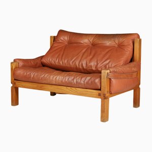 Panca Love Seat S18Y in olmo e pelle patinata di Pierre Chapo, Francia, anni '70