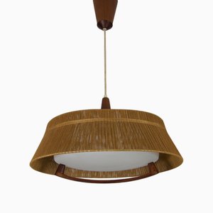 Lampe à Suspension Mid-Century en Teck et Abat-Jour en Corde de Temde, 1960
