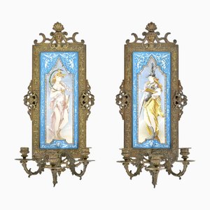 Napoleon III Wall Lights with Painted Porcelain, Set of 2