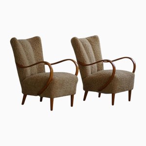 Set of Mid-Century Modern Lounge Chairs in Elm and Lambswool, 1960s