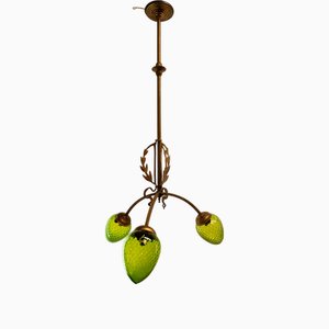 Antique Brass Hanging Lamp with Green Blown Pine Cone Glass