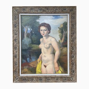 Charles Kvapil, Nude Woman Holding a Yellow Drape in a Landscape, 1920s-1940s, Oil on Canvas, Framed