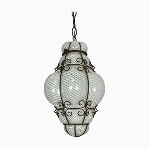 Venetian Lantern in Caged Reticello Blown Murano Glass, 1940s