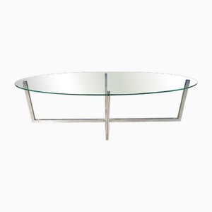 Mesa de centro vintage grande ovalada de vidrio y cromo, años 70