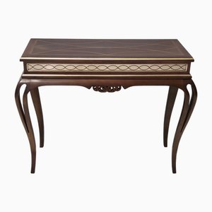 Vintage Rectangular Walnut Console Table with Engraved Mirror Motif, Italy, 1980s